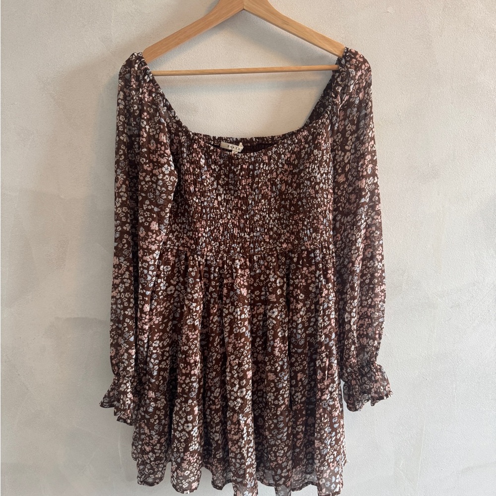 Floral Brown Mini Dress - Size S